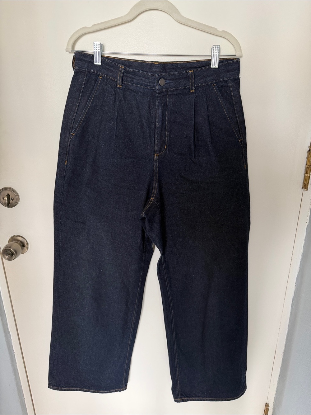 GU Japan Denim Pleated Trousers High Rise Wide Leg Jeans Dark Wash L